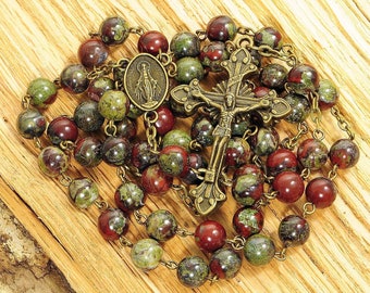 Catholic Rosary Beads Rustic Red Brown Green Dragon Blood Jasper Bronze Natural Stone Traditional Five Decade