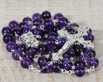 Purple Catholic Rosary Beads Natural Stone A Quality Amethyst Silver Traditional Rustic Five Decade Men Women Catholic Gift