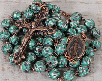 Catholic Rosary Beads Green White Brown Clay Copper Traditional Rustic Five Decade Miraculous Center Catholic Gift