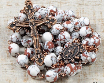 White Brown Catholic Rosary Beads Marbled Glass Copper Traditional Rustic Five Decade Men Women Catholic Gift