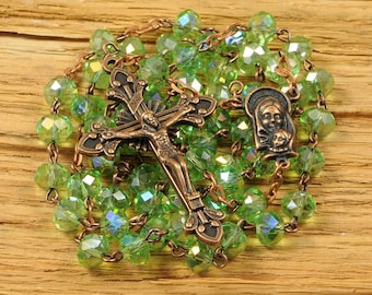 Catholic Rosary Beads Green AB Glass Copper Traditional Rondelle Bead Rustic Five Decade Catholic Gift