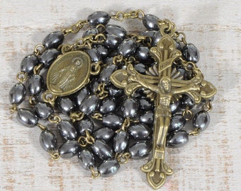 Black Catholic Rosary Beads Natural Stone Barrel Hematite Bronze Traditional Rustic Five Decade Men Women Catholic Gift Small Bead Rosary