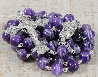 Purple Catholic Rosary Beads AAA White Banded Chevron Amethyst Natural Stone Rosary Silver Traditional Five Decade Catholic Gift Communion