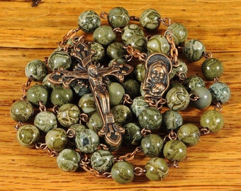 Green Catholic Rosary Beads Natural Stone A Quality Brecciated Jasper Copper Traditional Rustic Five Decade Men Women Catholic Gift