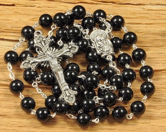 Catholic Rosary Beads Black Onyx Silver Traditional Natural Stone Five Decade Unisex Catholic Gift Mens Rosary