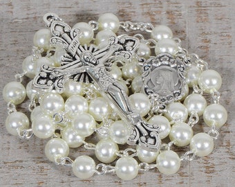 White Catholic Rosary Beads Glass Pearls Silver Traditional Five Decade Men Women Catholic Gift Small Bead Rosary