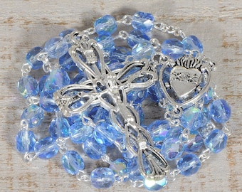 Catholic Rosary Beads Blue Bohemian Glass Barrel Bead Silver Traditional Five Decade Gift First Communion Confirmation