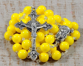 Yellow Catholic Rosary Beads Glass Silver Traditional Rustic Five Decade Men Women Catholic Gift