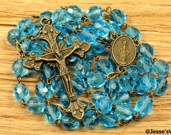 Catholic Rosary Beads Czech Glass Aqua Blue Bead Bronze Traditional Five Decade Gift First Communion Confirmation