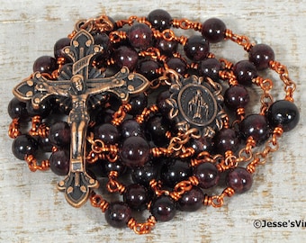 Red Catholic Rosary Beads Natural Gemstone AA Quality Garnet Copper Wire Wrapped Birthstone Traditional  Five Decade Men Women Catholic Gift