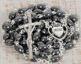 Black Catholic Rosary Beads Natural Stone Barrel Shape Hematite Silver Traditional Rustic Five Decade Men Women Catholic Gift Small Rosary