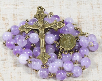 Catholic Rosary Beads Bronze Purple Milky Amethyst AA Quality Natural Stone Traditional Five Decade First Communion Confirmation Gift