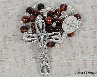 Anglican Rosary Beads Red Tiger Eye Natural Stone Prayer Beads Silver Protestant Christian Episcopal Rosary Beads