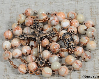 White Catholic Rosary Beads Natural Stone White Redline Marble Copper Traditional Five Decade Men Women Catholic Gift