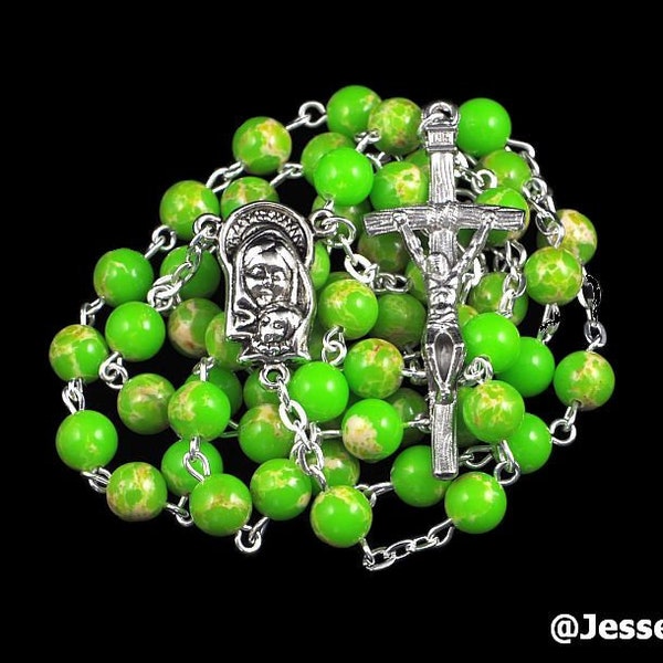 Catholic Rosary Beads Apple Green Imperial Jasper Natural Stone Silver Traditional Jasper Rosary Five Decade Catholic Gift Papal Crucifix