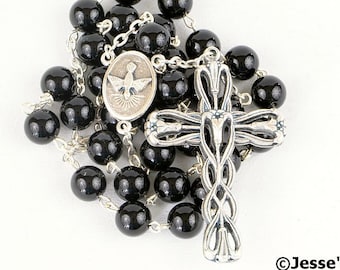 Anglican Rosary Black Onyx Natural Stone Prayer Beads Silver Christian Episcopal Rosary Beads