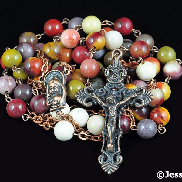 Catholic Rosary Beads Red White Green Purple Yellow Red Mookaite Natural Stone Traditional Copper Five Decade Rosary Catholic Gift