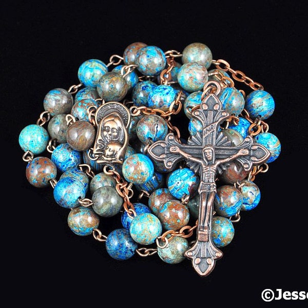 Catholic Rosary Beads Rustic Blue Crazy Lace Agate Natural Stone Copper Traditional Five Decade Unisex