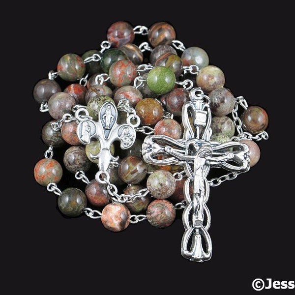 Catholic Rosary Beads Green Tan Red Brown Flower Agate Natural Stone Silver Traditional Five Decade Fleur De Lis Fiat Center