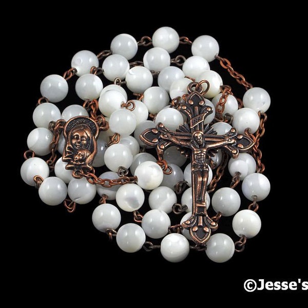 Catholic Rosary Beads Mother of Pearl MOP Copper Natural Shell Traditional Rustic Five Decade Catholic Gift