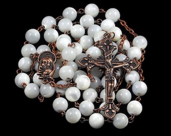 Catholic Rosary Beads Mother of Pearl MOP Copper Natural Shell Traditional Rustic Five Decade Catholic Gift