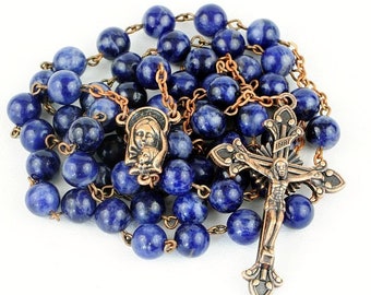 Catholic Rosary Beads Dark Blue Sodalite Copper Natural Stone Traditional Five Decade