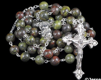 Catholic Rosary Beads Red Green Dragon Blood Silver Natural Stone Traditional Jasper Rosary Five Decade Catholic Gift