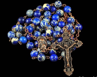 Catholic Rosary Beads Rustic Dark Blue Imperial Jasper Natural Stone Copper Traditional Jasper Rosary Five Decade Catholic Gift