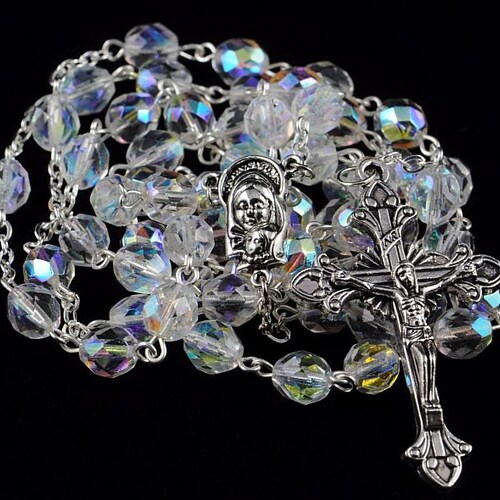 Catholic Rosary Beads Czech AB Glass Bead Silver Traditional Etsy