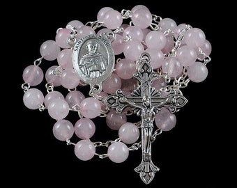 Catholic Rosary Beads Light Pink Rose Quartz St Peregrine Patron Saint of Cancer Silver Traditional Natural Stone Gemstone Beads Gift