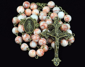 Catholic Rosary Beads Rustic White Marble Bronze Natural Stone Traditional Five Decade