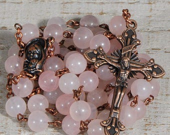 Catholic Rosary Beads Pink Rose Quartz Copper Natural Stone Traditional Rustic Gemstone Five Decade Catholic Gift