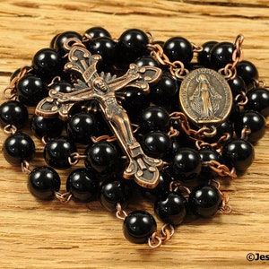 Catholic Rosary Beads Black Onyx Natural Stone Copper Traditional Rustic Rosary Beads Five Decade Catholic Gift Unisex Mens Rosary image 2