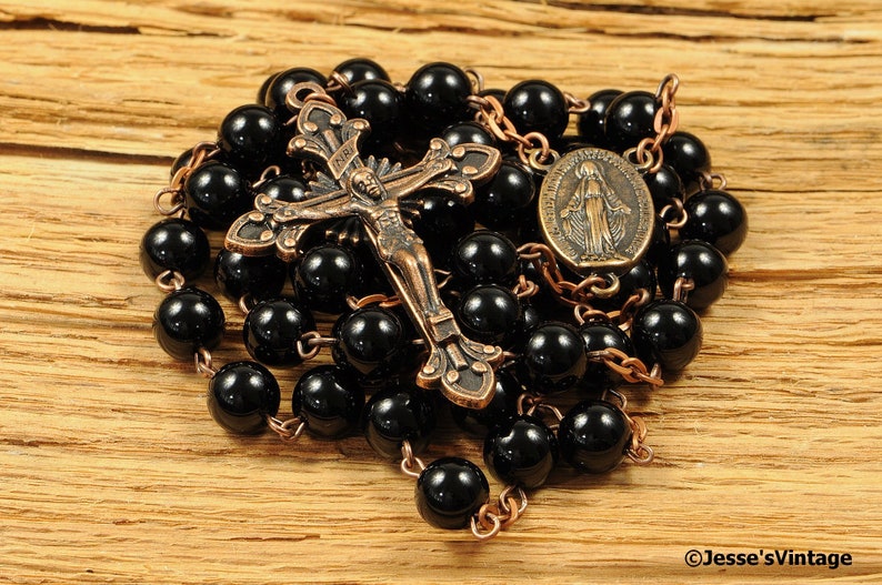 Catholic Rosary Beads Black Onyx Natural Stone Copper Traditional Rustic Rosary Beads Five Decade Catholic Gift Unisex Mens Rosary image 2