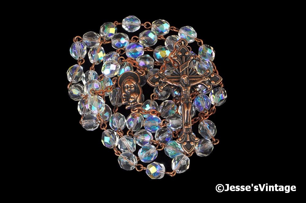 Catholic Rosary Beads Czech AB Glass Bead Copper Traditional Five Decade Gift First Communion Confirmation