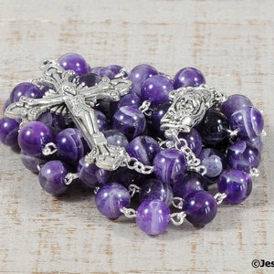 Purple Catholic Rosary Beads AAA White Banded Chevron Amethyst Natural Stone Rosary Silver Traditional Five Decade Catholic Gift Communion image 2