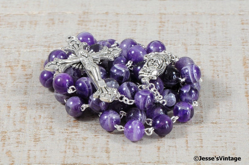 Purple Catholic Rosary Beads AAA White Banded Chevron Amethyst Natural Stone Rosary Silver Traditional Five Decade Catholic Gift Communion image 2