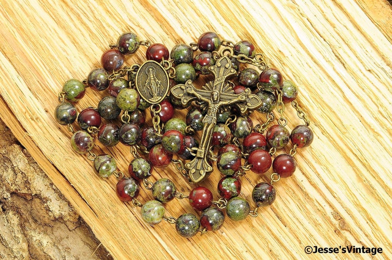 Catholic Rosary Beads Rustic Red Brown Green Dragon Blood Jasper Bronze Natural Stone Traditional Five Decade image 1