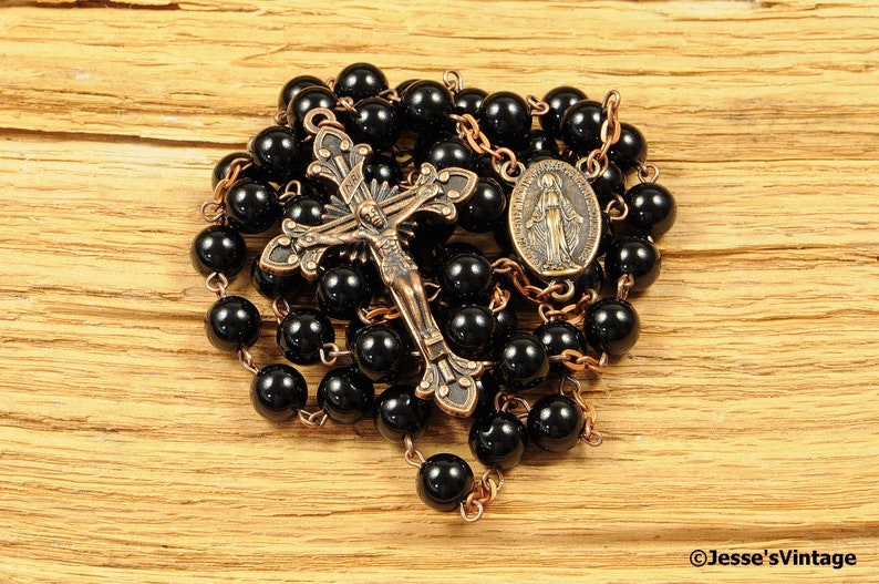 Catholic Rosary Beads Black Onyx Natural Stone Copper Traditional Rustic Rosary Beads Five Decade Catholic Gift Unisex Mens Rosary image 1