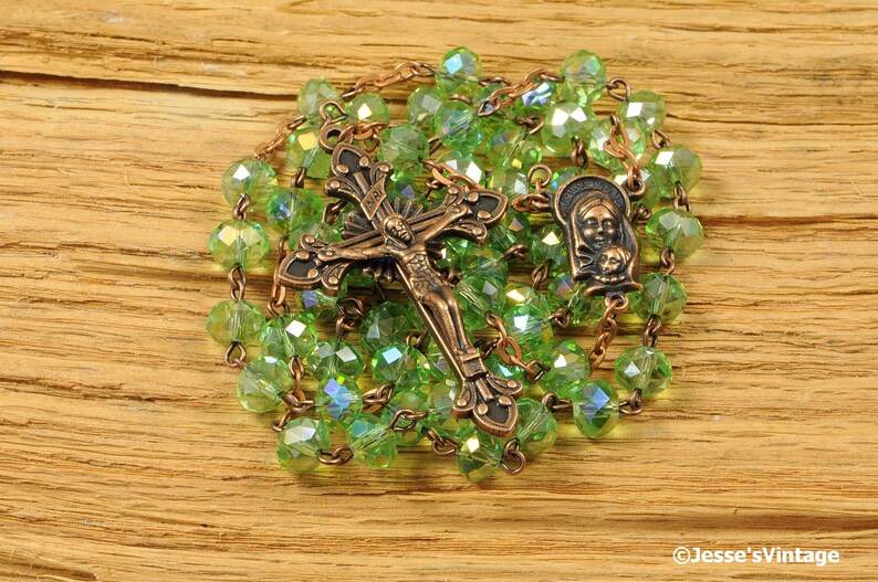 Catholic Rosary Beads Green AB Glass Copper Traditional Rondelle Bead Rustic Five Decade Catholic Gift image 1