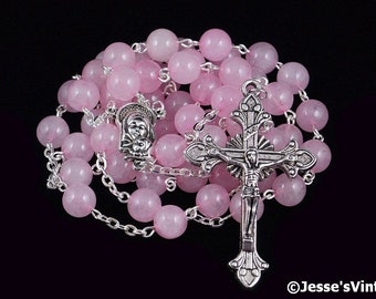 Catholic Rosary Beads Pink Rose Quartz Silver Natural Stone Traditional Gemstone Five Decade