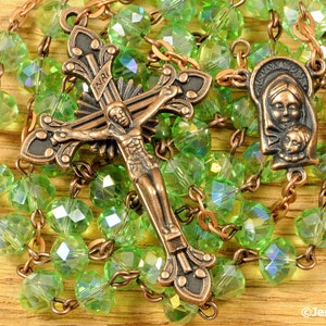 Catholic Rosary Beads Green AB Glass Copper Traditional Rondelle Bead Rustic Five Decade Catholic Gift image 2