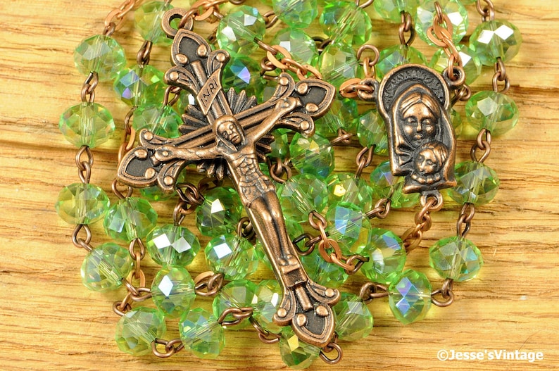 Catholic Rosary Beads Green AB Glass Copper Traditional Rondelle Bead Rustic Five Decade Catholic Gift image 2