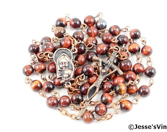 Catholic Rosary Beads Rustic Red Tigereye Natural Stone Copper Traditional Five Decade Small Beads