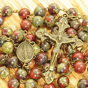 Catholic Rosary Beads Rustic Red Brown Green Dragon Blood Jasper Bronze Natural Stone Traditional Five Decade image 2