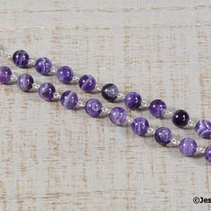 Purple Catholic Rosary Beads AAA White Banded Chevron Amethyst Natural Stone Rosary Silver Traditional Five Decade Catholic Gift Communion image 4