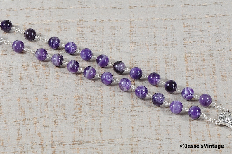 Purple Catholic Rosary Beads AAA White Banded Chevron Amethyst Natural Stone Rosary Silver Traditional Five Decade Catholic Gift Communion image 4