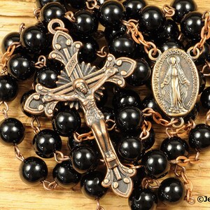 Catholic Rosary Beads Black Onyx Natural Stone Copper Traditional Rustic Rosary Beads Five Decade Catholic Gift Unisex Mens Rosary image 3