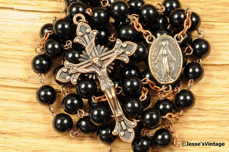 Catholic Rosary Beads Black Onyx Natural Stone Copper Traditional Rustic Rosary Beads Five Decade Catholic Gift Unisex Mens Rosary image 3