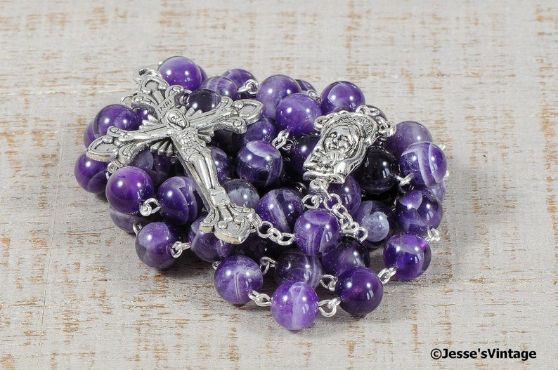 Purple Catholic Rosary Beads AAA White Banded Chevron Amethyst Natural Stone Rosary Silver Traditional Five Decade Catholic Gift Communion image 1